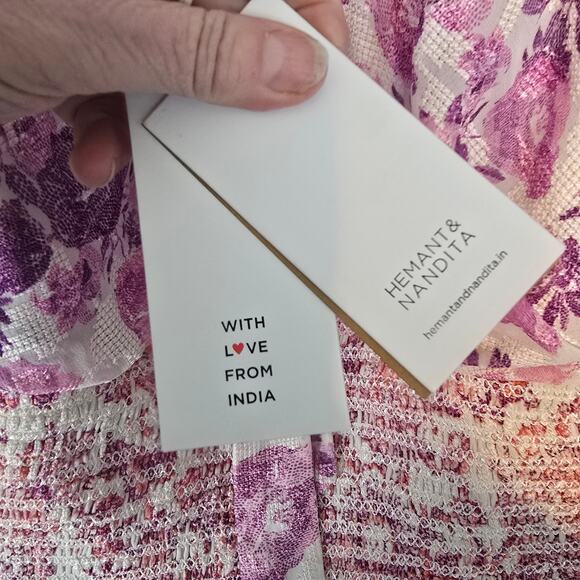 Hemant & Nandita Suki Mini Dress Floral Embroidered Smock Waist White Pink L NWT - Picture 10 of 15